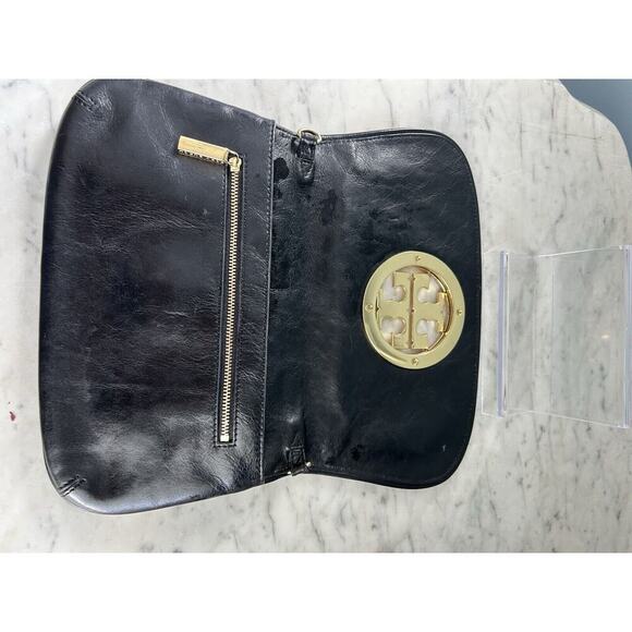 Tory Burch Reva Black Leather Purse Detachable Gold Chain Strap Crossbody Clutch - Picture 7 of 16
